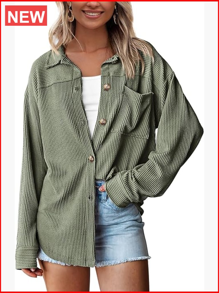 Oversized Button Down Shacket Knit Blouse Textured Long Sleeve Tops